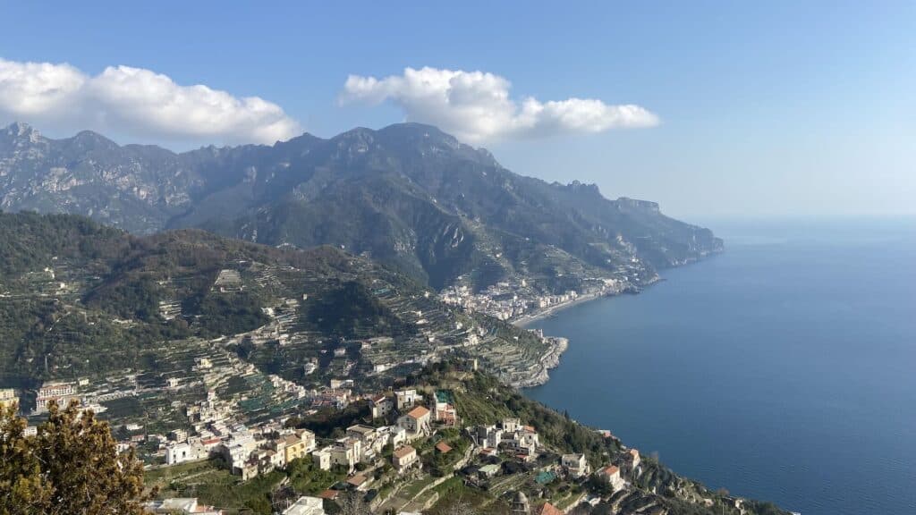 View of the Amalfi Coast mountains and the Mediterranean Sea