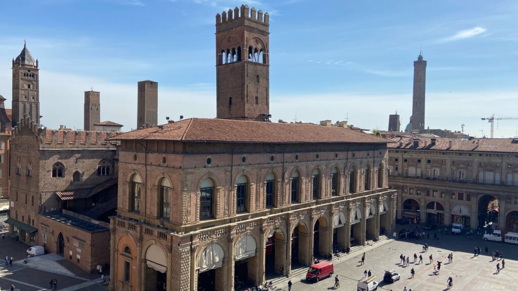 Panoramic view of Bologna with its historic towers rising above the city rooftops