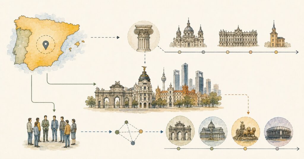 Schematic illustration of a city represented as an interconnected IT project with architecture, infrastructure, people, and landmarks.