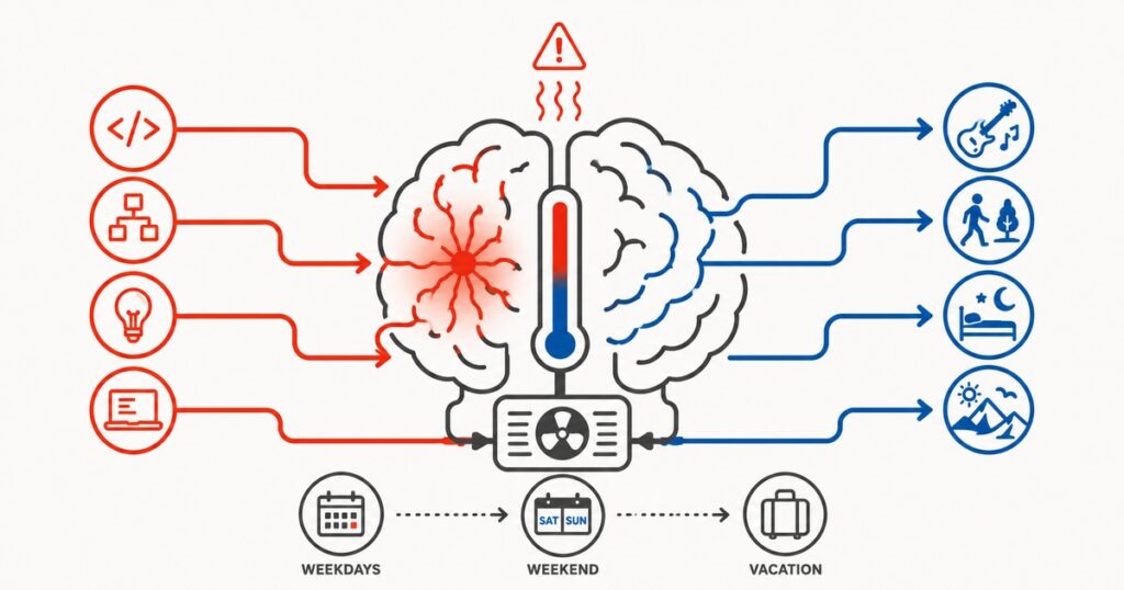 Minimal vector infographic showing a brain as a thermal management system with stress and recovery flows for burnout prevention.