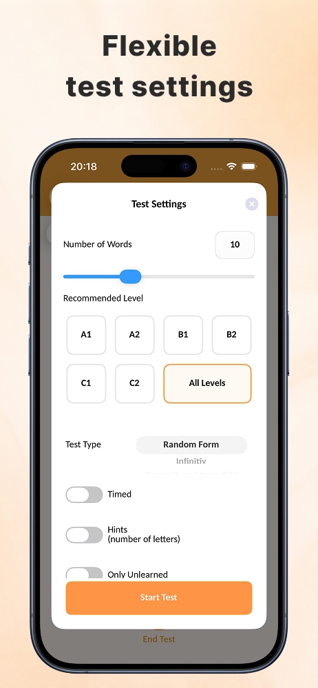 Test settings screen in the language learning app