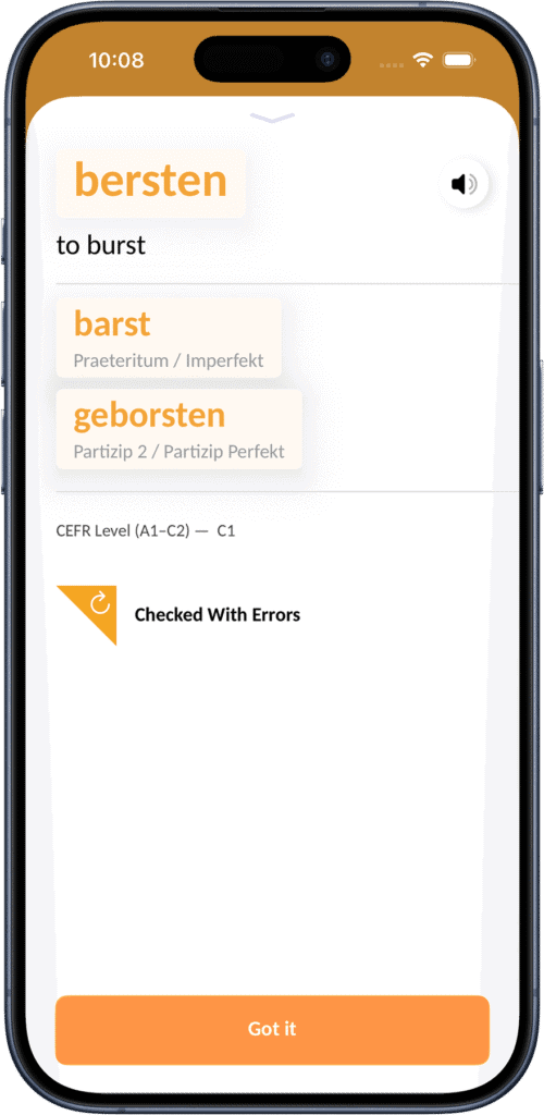 Detailed screen of a German verb with learning status