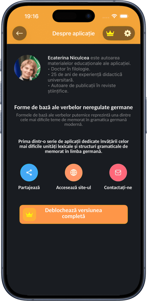 Ecran despre aplicație cu informații despre expert