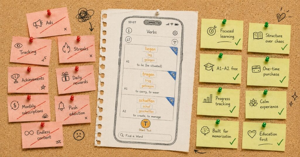 Sketchboard with accepted and rejected product decisions behind a German learning iOS app