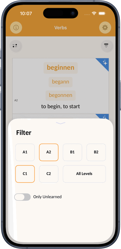 Filtering options for German verbs in the app