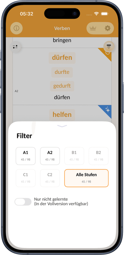 Filteroptionen für starke deutsche Verben in der App