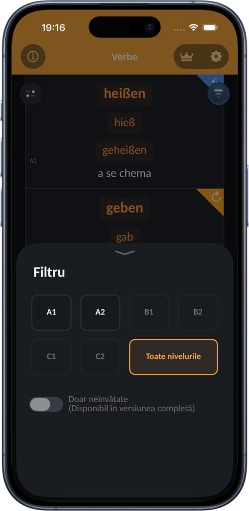 Opțiuni de filtrare pentru verbe germane în aplicație