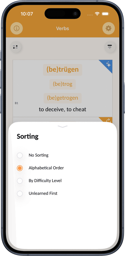 Sorting options for German verbs in the app