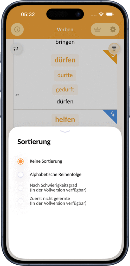 Sortieroptionen für starke deutsche Verben in der App