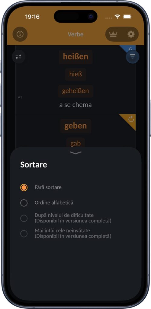 Opțiuni de sortare pentru verbe germane în aplicație