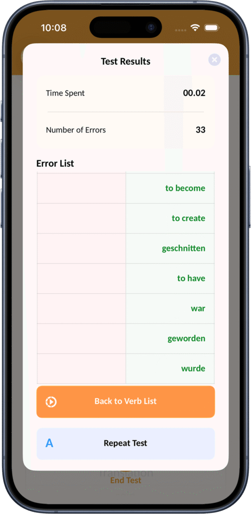Test results screen with mistakes and progress