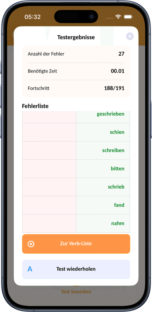 Bildschirm mit Testergebnissen und Fehlern