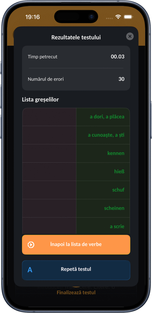 Ecran cu rezultatele testului și greșelile