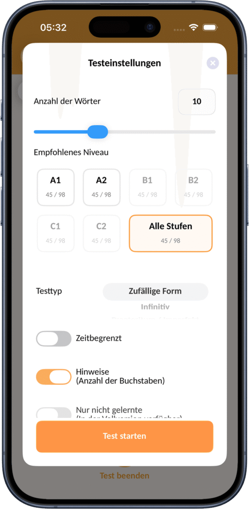 Bildschirm mit Einstellungen für den Verben-Test