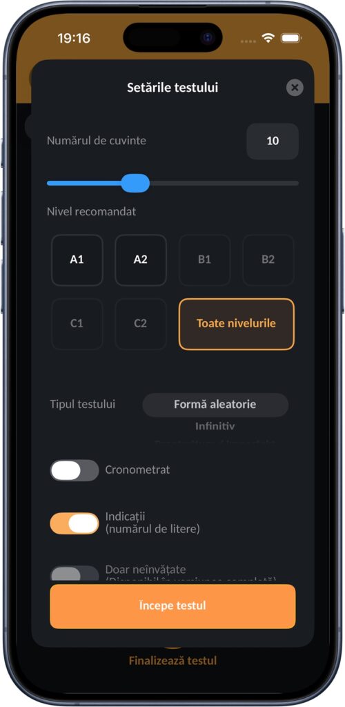 Ecran de configurare a testului pentru verbe germane