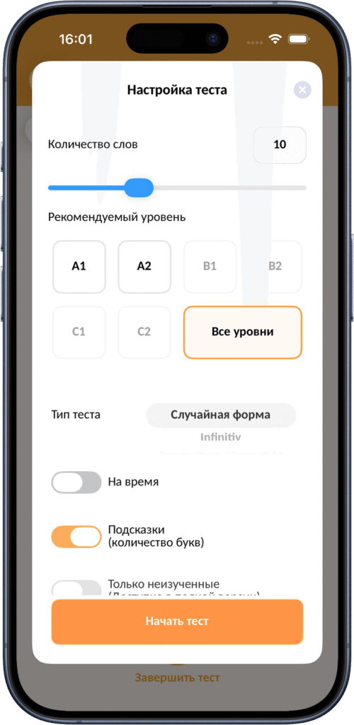 Экран настройки тестирования немецких глаголов