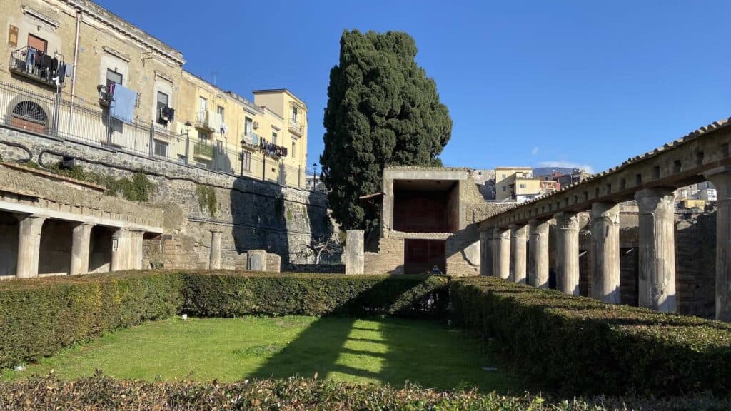View of the Herculaneum archaeological site next to the modern town