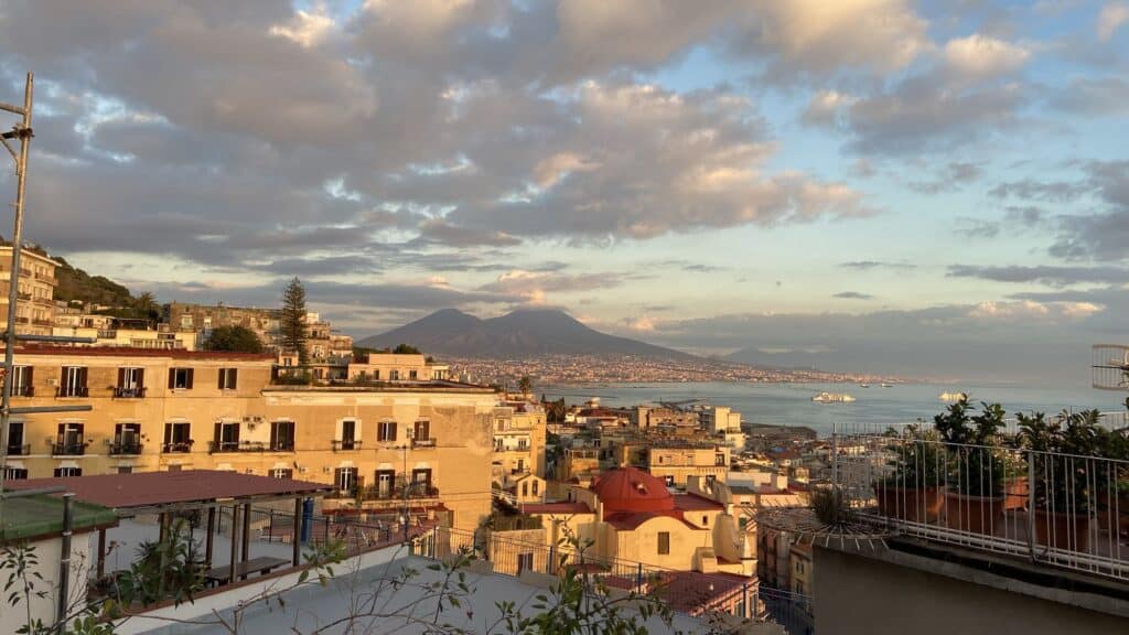 Evening view of Mount Vesuvius from Naples
