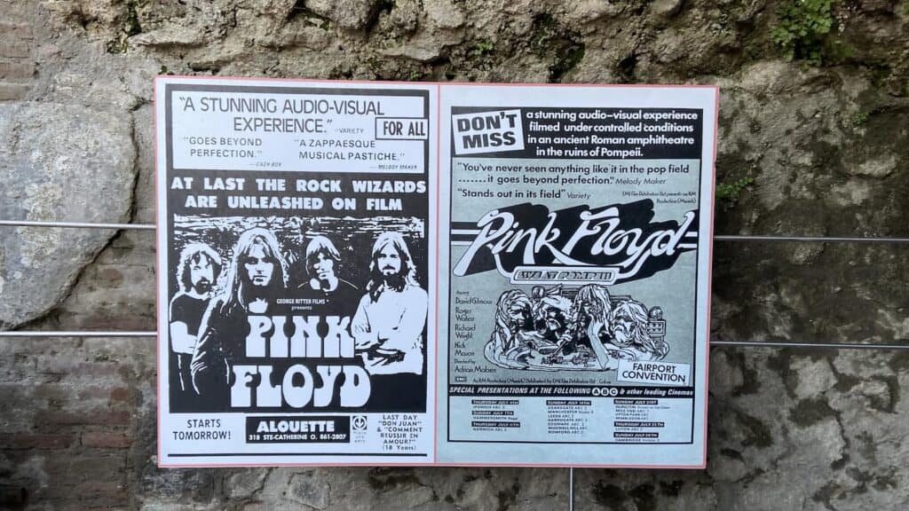 Pink Floyd poster exhibited in the Pompeii amphitheatre museum