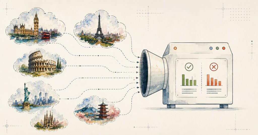 Schematic illustration of a machine consuming famous cities as a metaphor for fast and superficial travel.